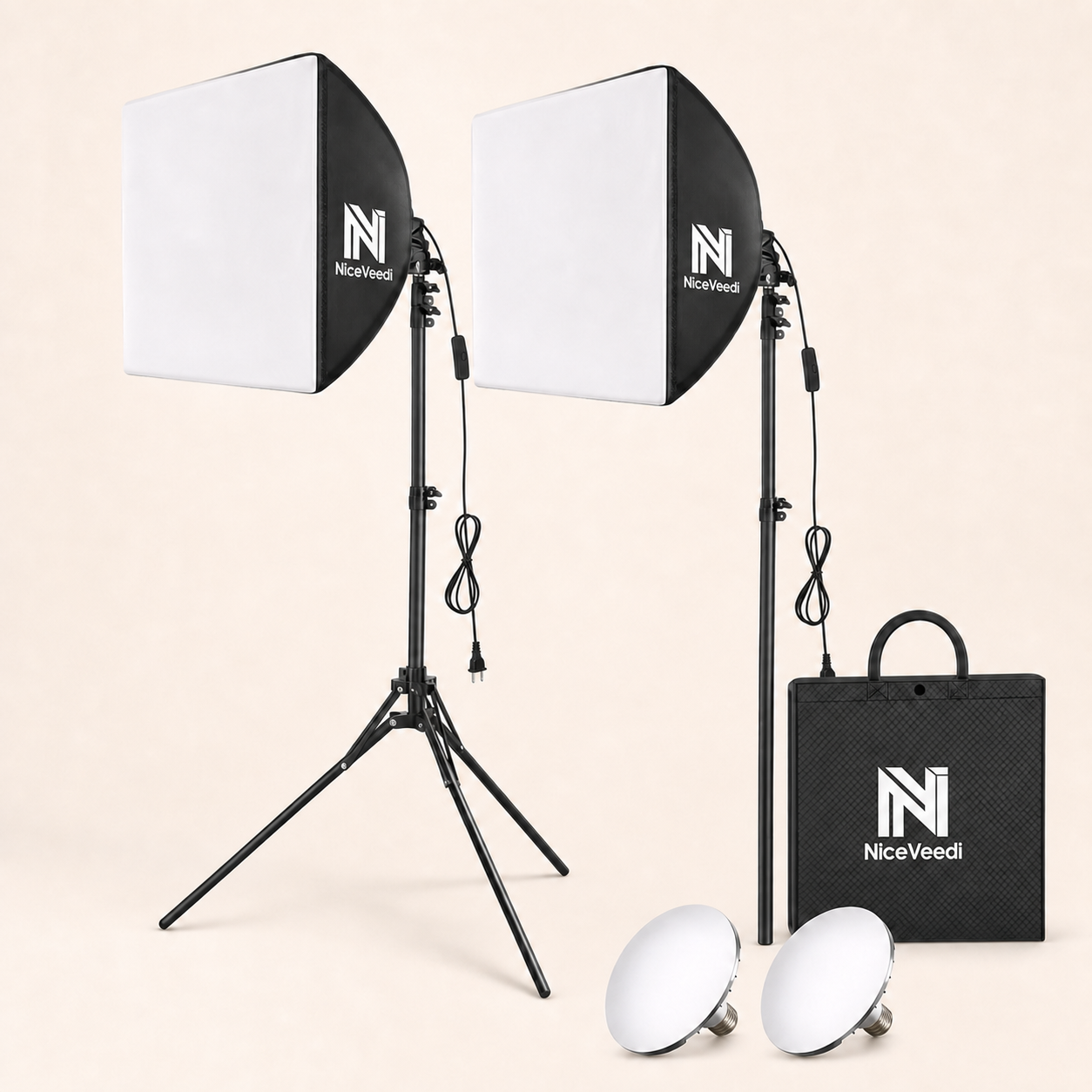 Softbox Lighting Kit, NiceVeedi 2-Pack 16'' x 16'' Softbox Photography Lighting Kit with 63” Tripod Stand & 5400K 450W Equivalent LED Bulb, Continuous Lighting for Photography/Video Record