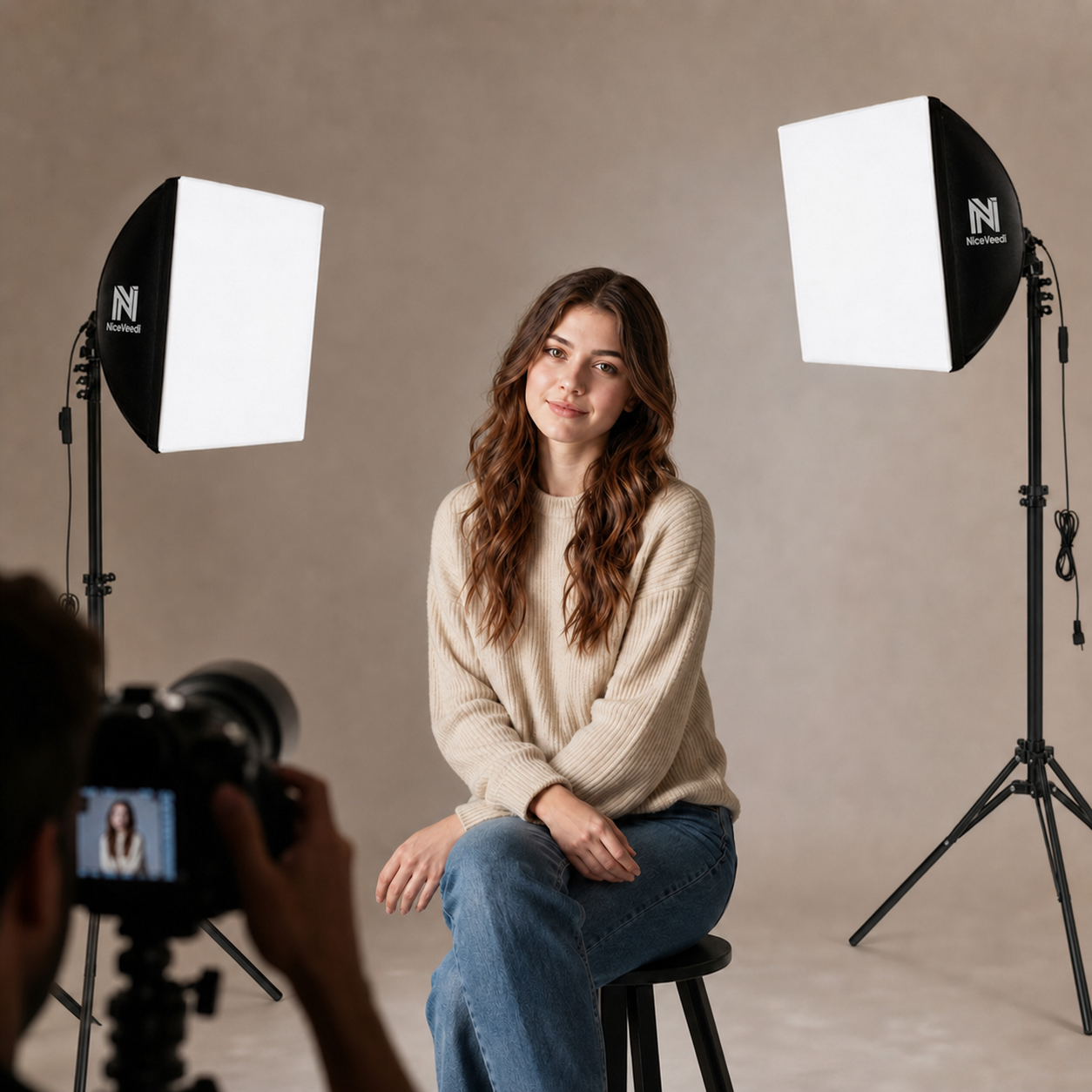 Softbox Lighting Kit, NiceVeedi 2-Pack 16'' x 16'' Softbox Photography Lighting Kit with 63” Tripod Stand & 5400K 450W Equivalent LED Bulb, Continuous Lighting for Photography/Video Record