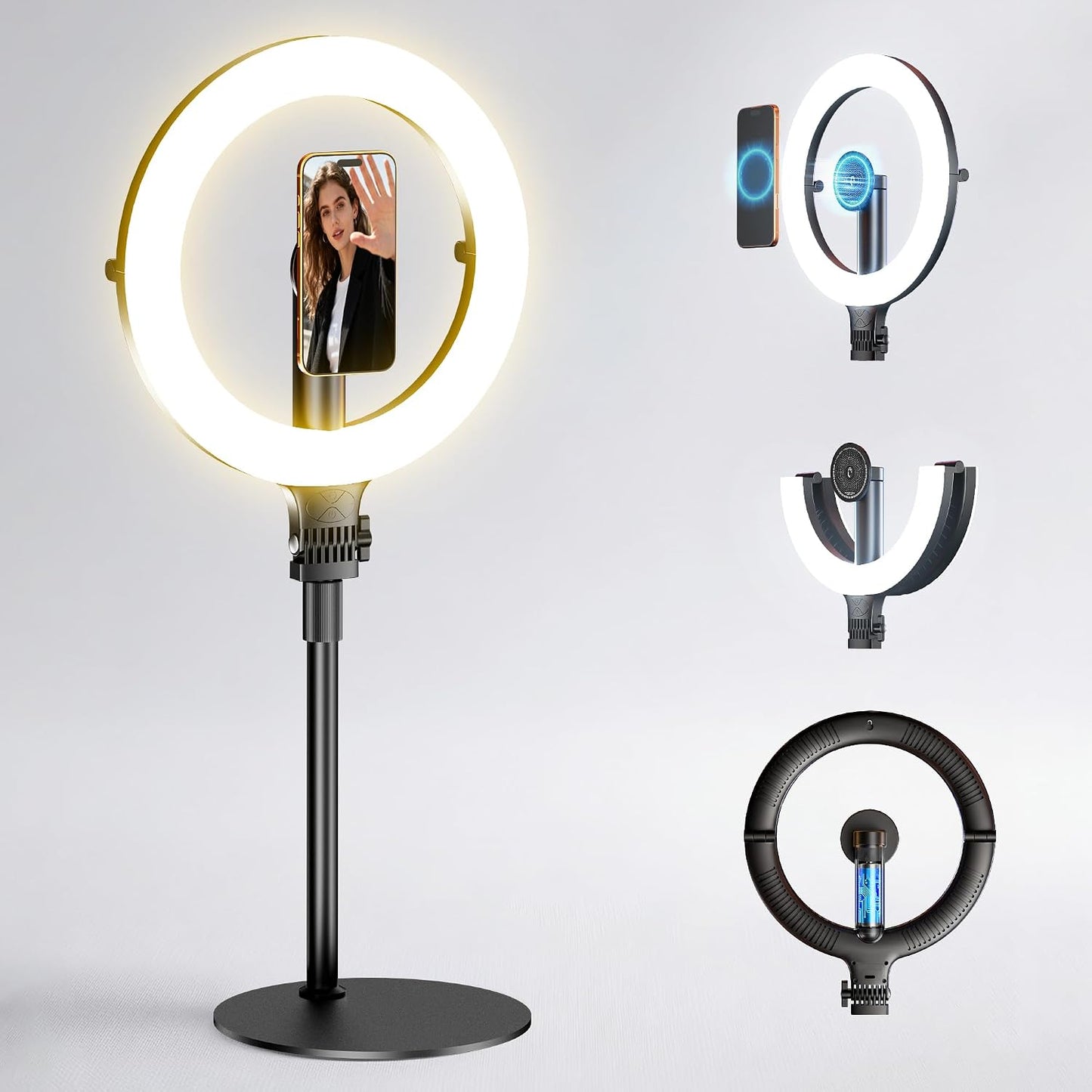 NiceVeedi 10.2” Magnetic Desk Ring Light with Stand, 5000mAh Rechargeable Desktop Ring Light for Phone，3 Color Foldable Selfie Light for Live Stream/Makeup/TikTok/YouTube/Photography/Zoom/Vlogging